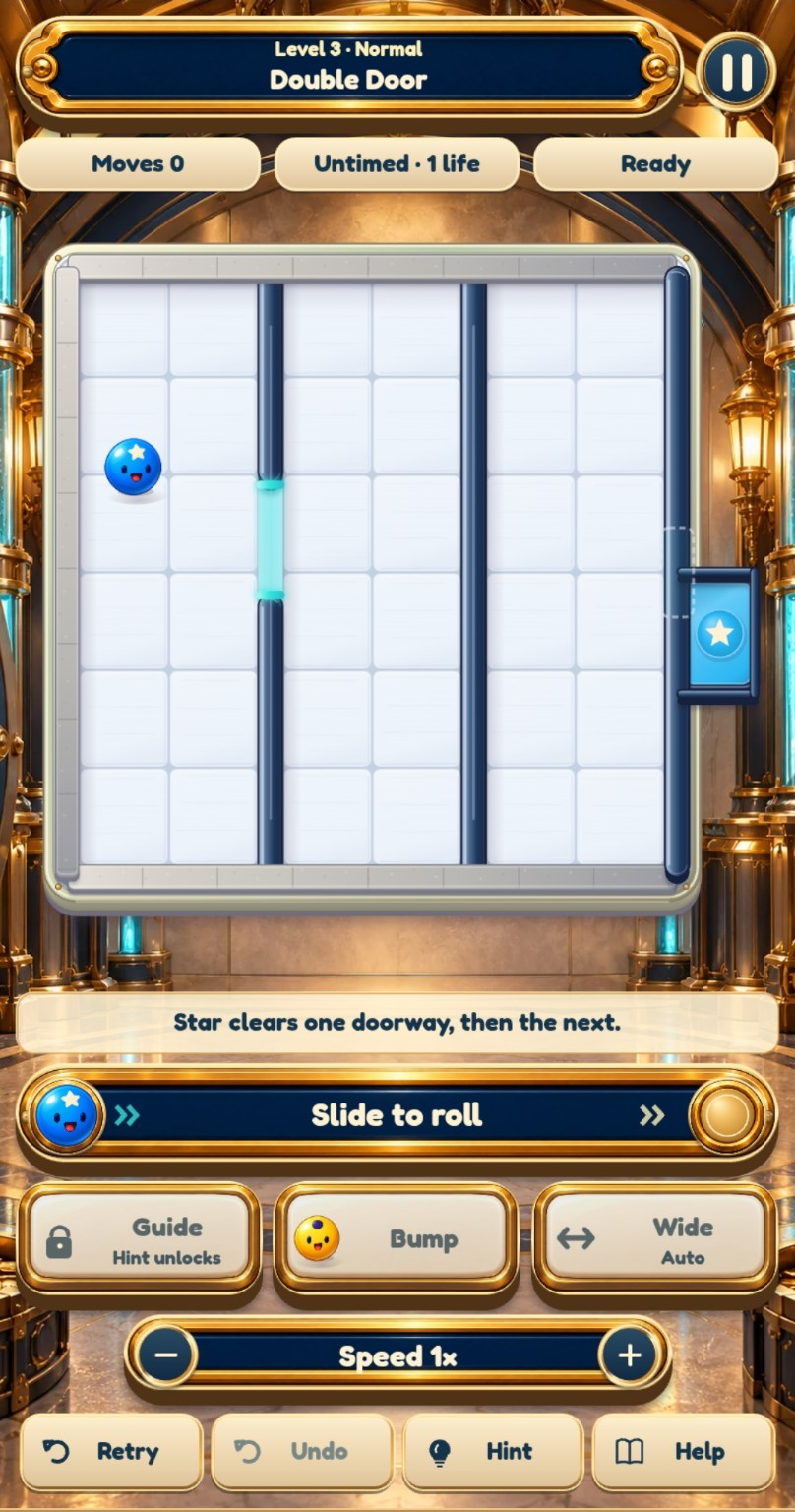 Double Door puzzle with a blue Star marble, two interior rails, a glowing gap and a matching exit.