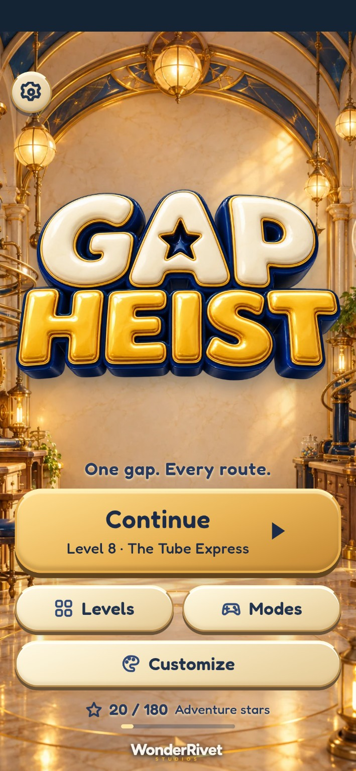 Gap Heist home screen with Continue, Levels, Modes, Customize and an Adventure star progress bar.