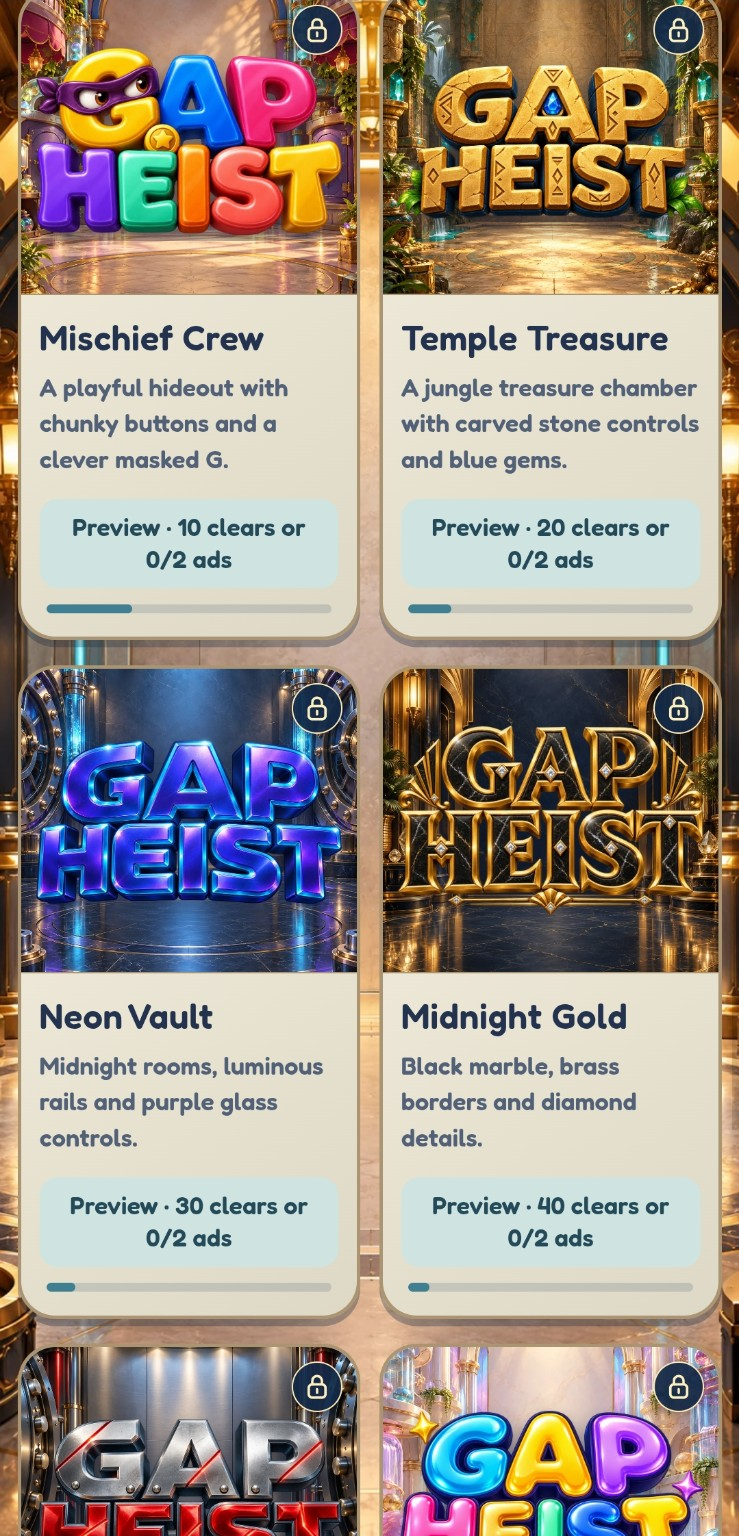 Theme collection showing Mischief Crew, Temple Treasure, Neon Vault and Midnight Gold with unlock progress.