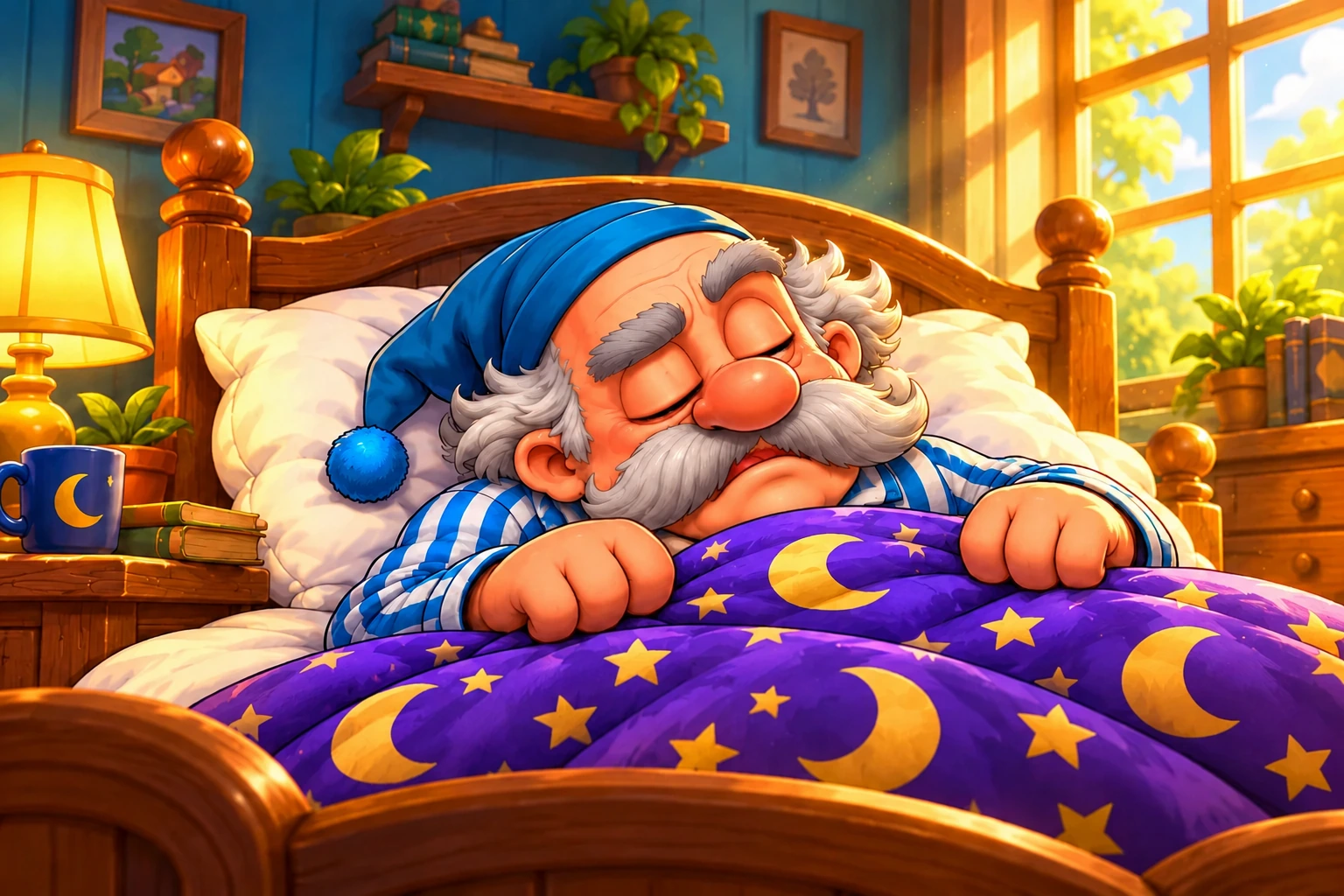Joe asleep with both eyes fully closed in his sunlit bedroom