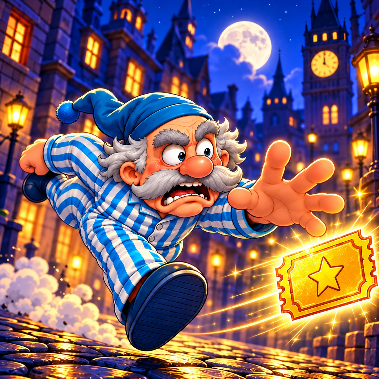 Grandpa Joe reaching for the glowing prize in a moonlit chase