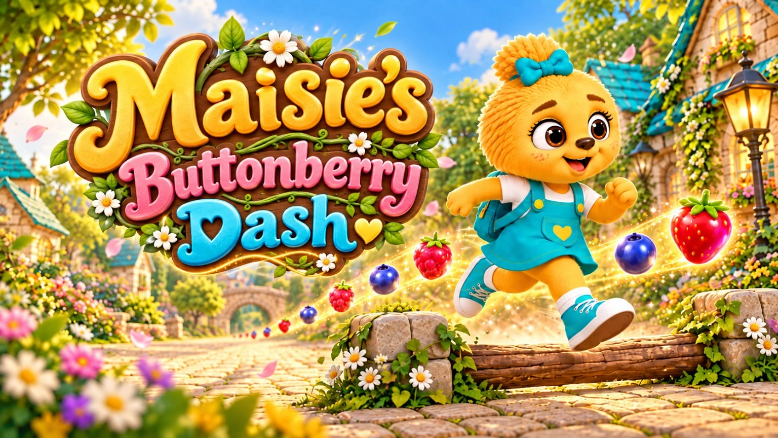 Maisie’s Buttonberry Dash artwork, with Maisie hopping over a log and collecting berries