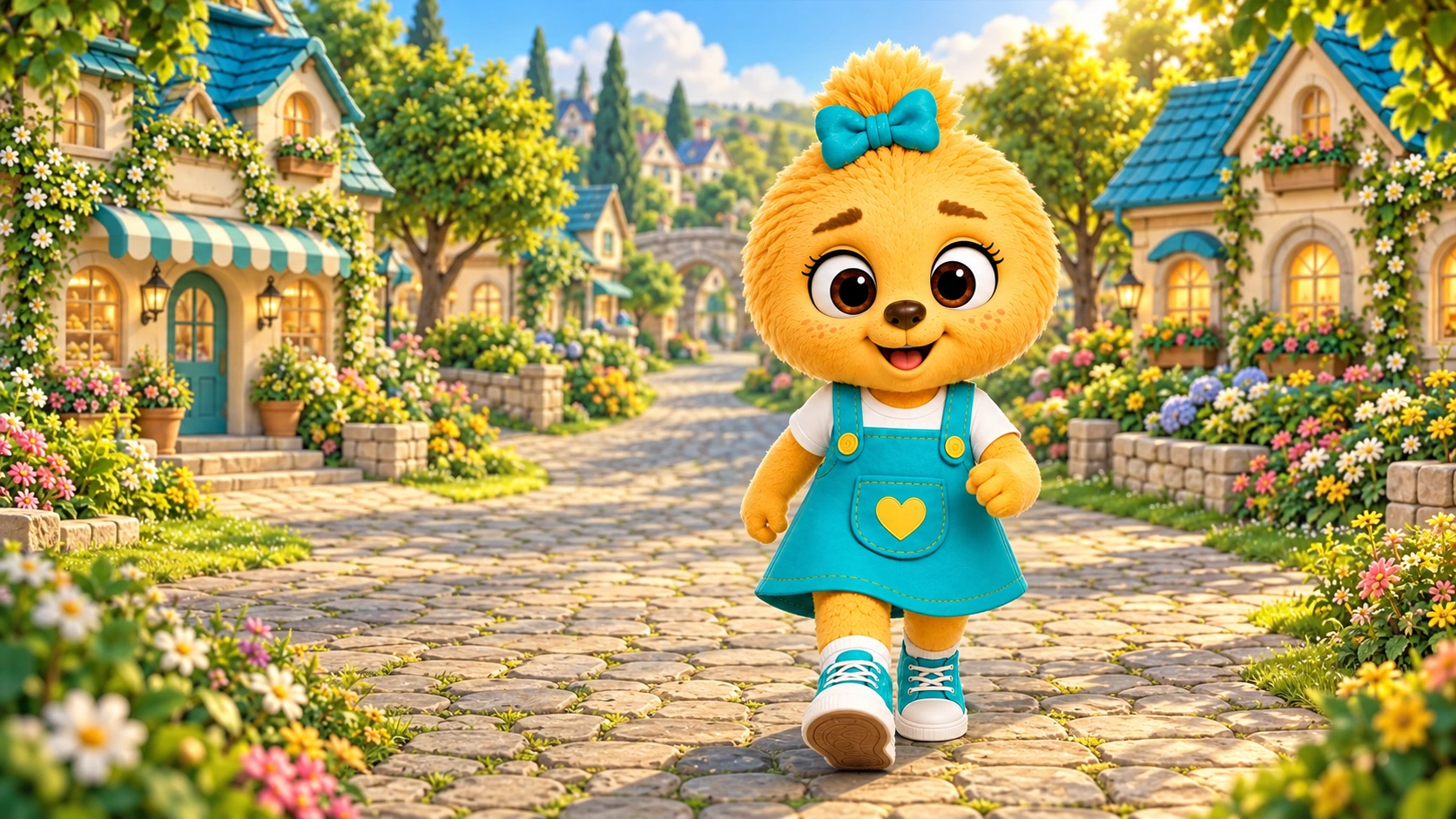 Maisie smiling on a cobbled path in the illustrated village of Buttonberry Bend