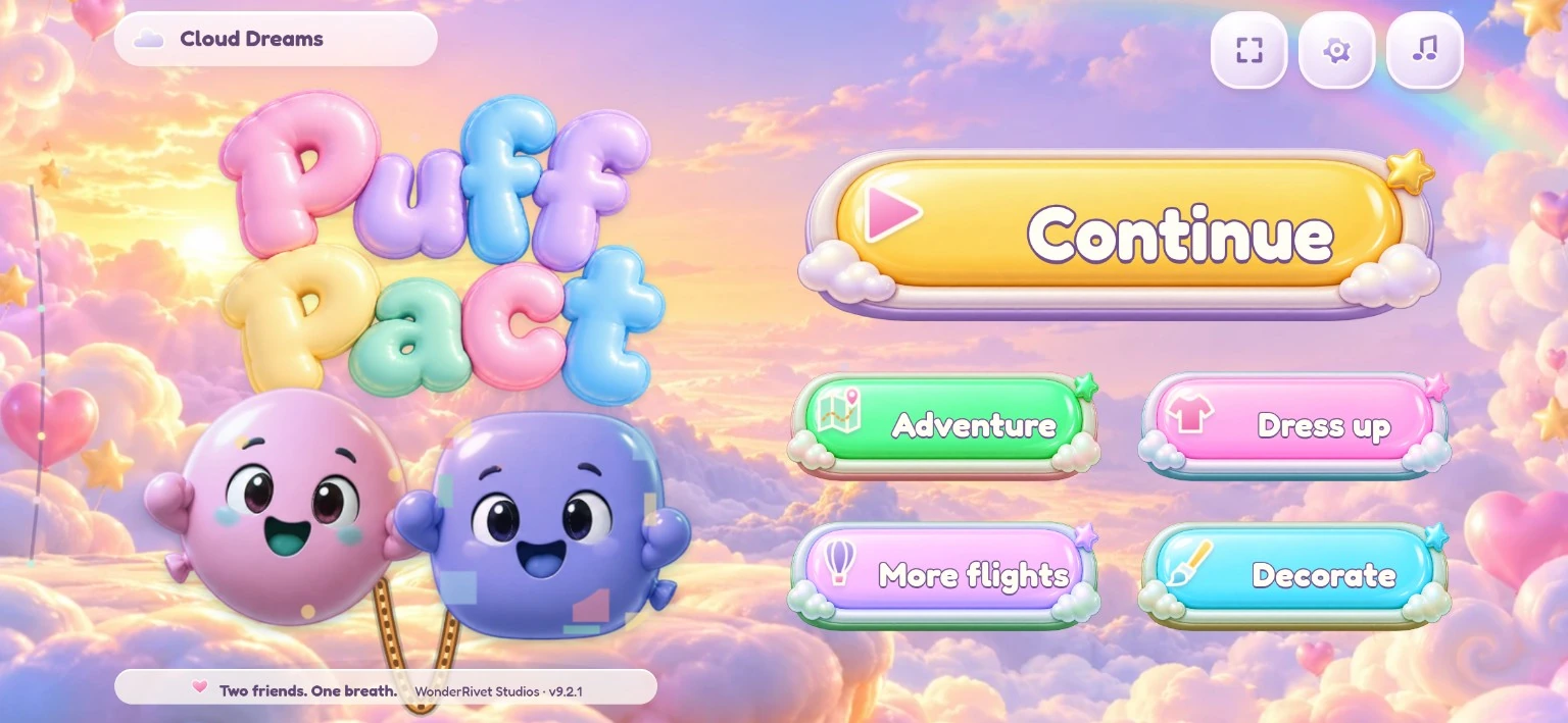 Pip and Plo’s Cloud Dreams menu with bright balloon lettering and colorful game buttons
