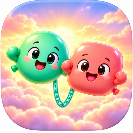 Two smiling balloon friends joined by a golden hose