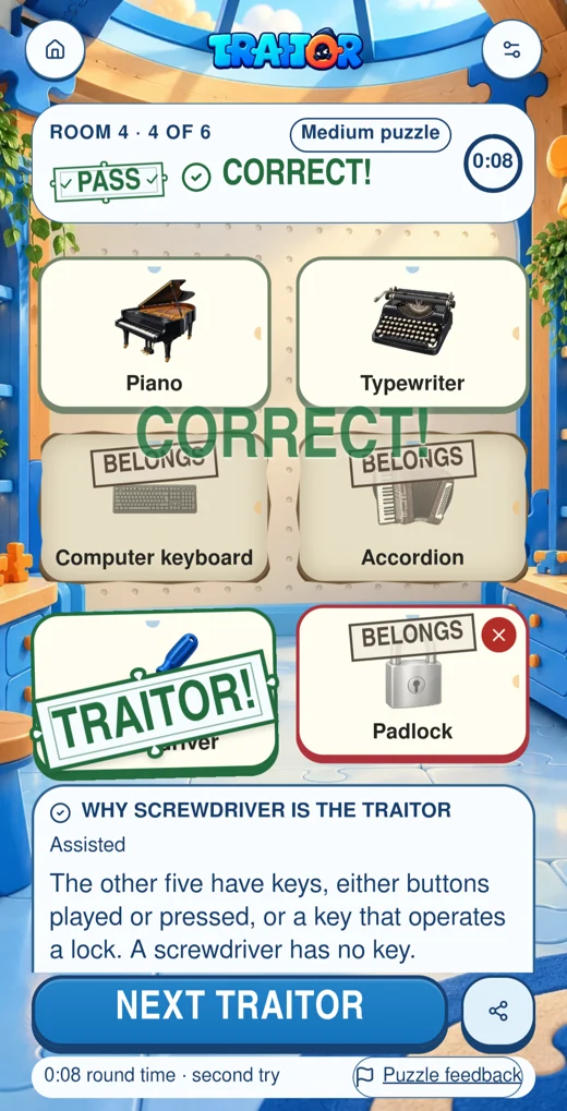 A correct Puzzle Letters result explaining that five cards have keys and a screwdriver does not