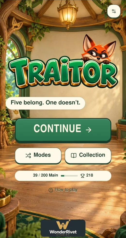 The Fox in Disguise home screen with green TRAITOR lettering and a masked fox