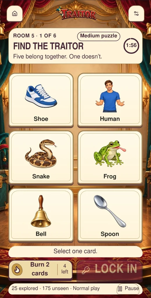 A Hidden Jester picture puzzle showing a shoe, human, snake, frog, bell and spoon