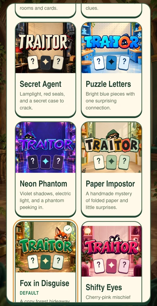The actual theme collection showing Secret Agent, Puzzle Letters, Neon Phantom, Paper Impostor, Fox in Disguise and Shifty Eyes