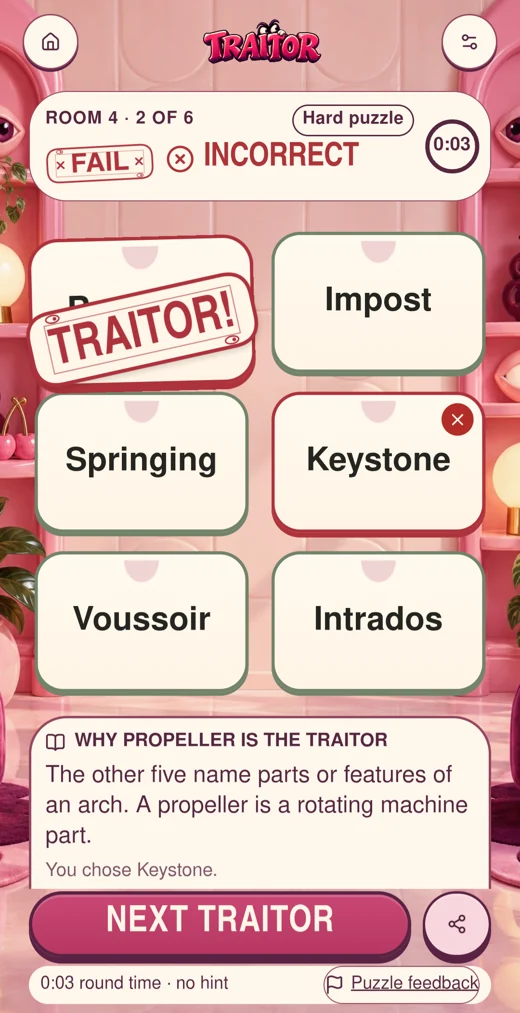 A word puzzle result in Shifty Eyes identifying propeller as the odd card among parts of an arch