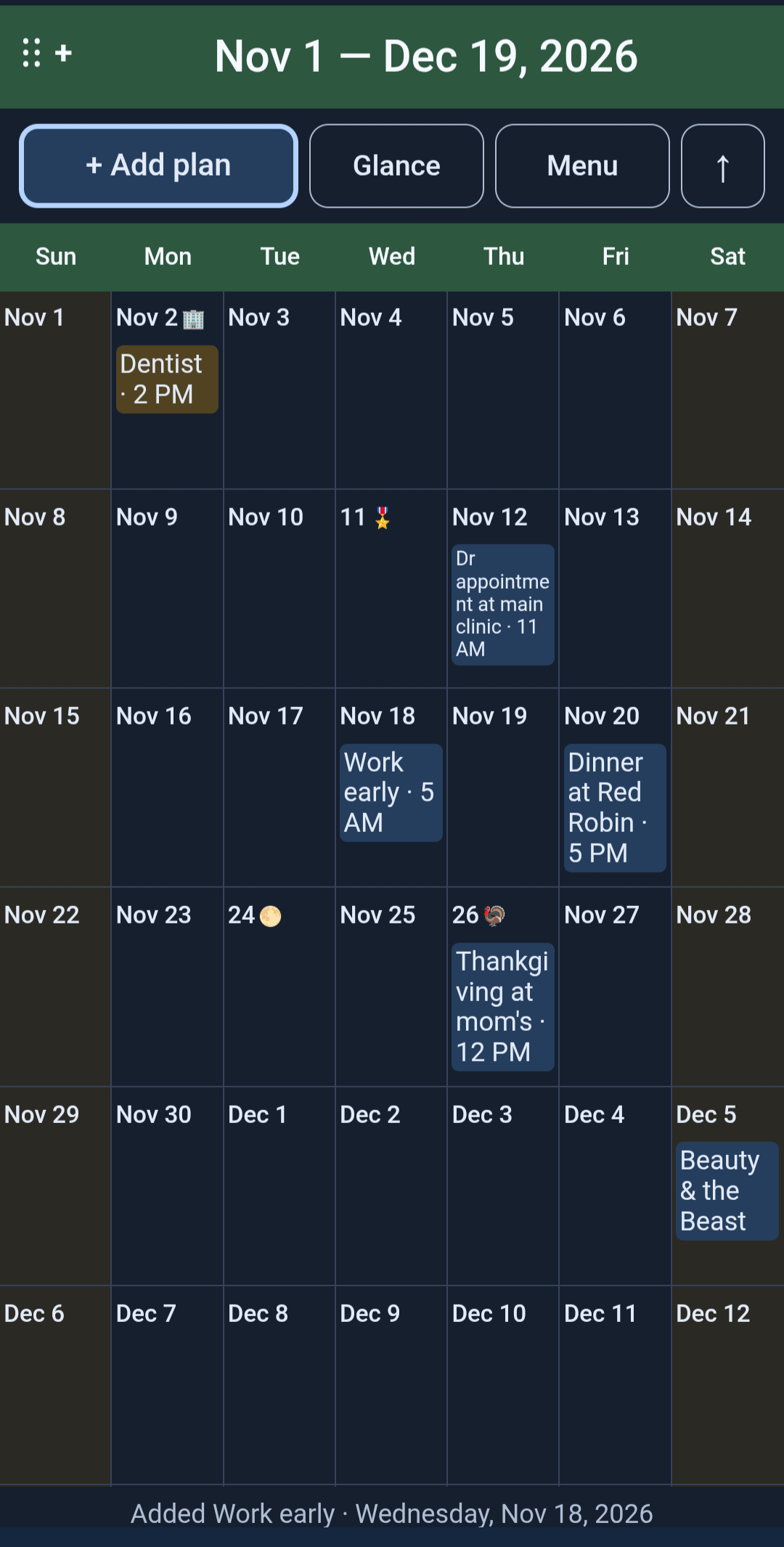 Forest theme calendar showing sample work, appointments and November plans
