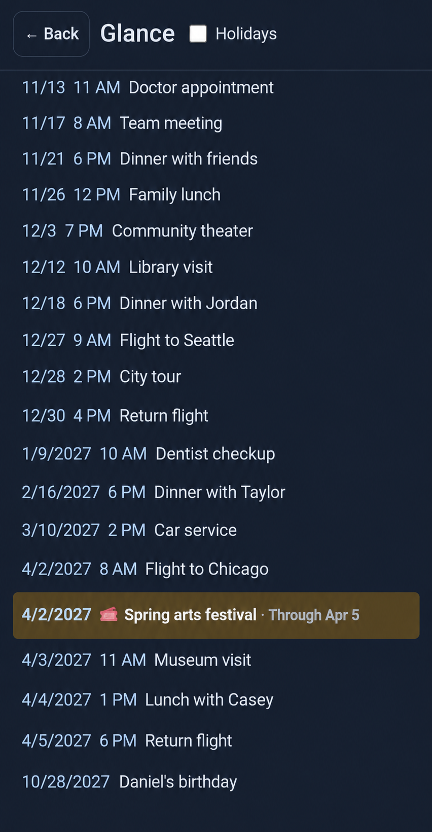 Glance preview with upcoming sample appointments, trips and occasions