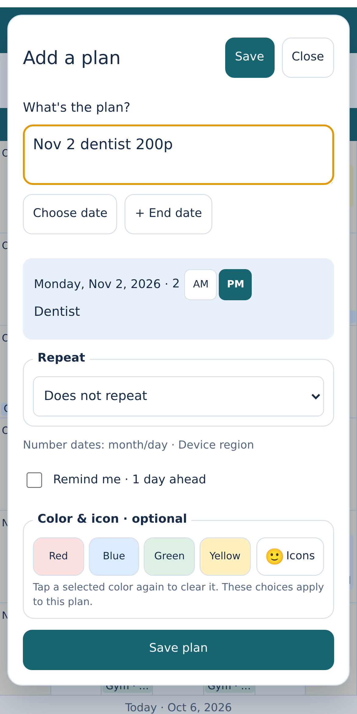 Weeks Ahead plan editor with date, time, reminder and repeat options