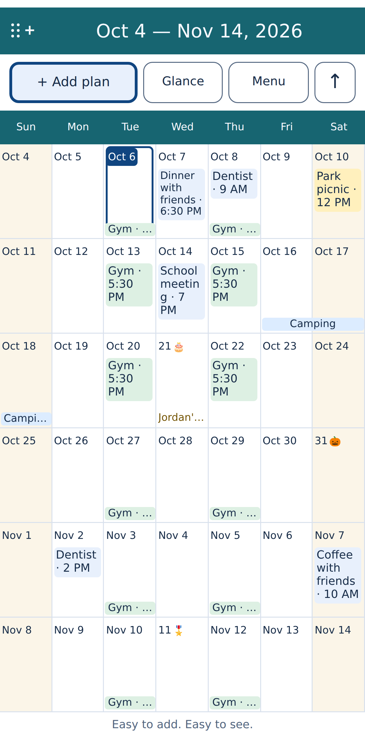Weeks Ahead Calendar light theme showing six weeks of sample plans
